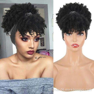 Customizd 110 Styles Afro Box Braid Turban Headband Wig In Synthetic Hair Braided wigs Kinky Curly  Bun with clip Bangs Hair